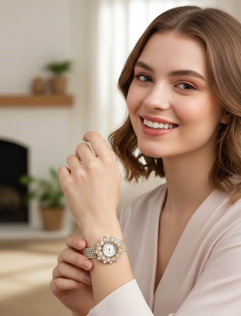Elegant Pearl Halo Watch - front view | Qamaira UAE