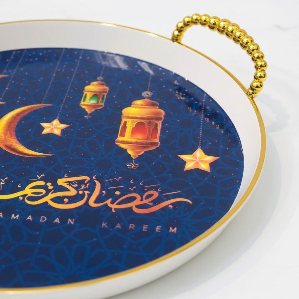 Ramadan Kareem Round Decorative Serving Tray - front view | Qamaira UAE