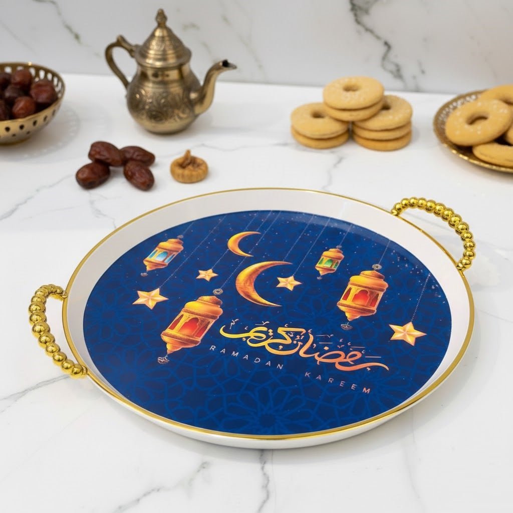 Ramadan Kareem Round Decorative Serving Tray - details | Qamaira UAE