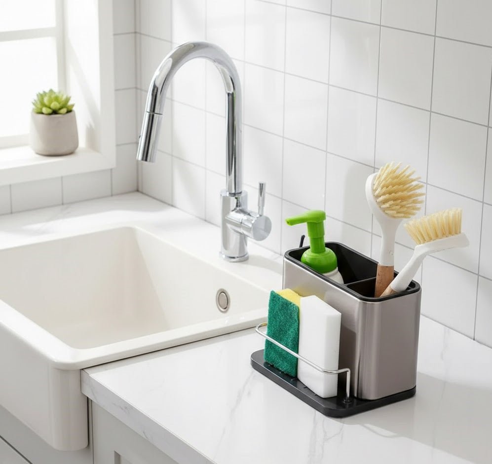 Sink caddy with sponge and brush