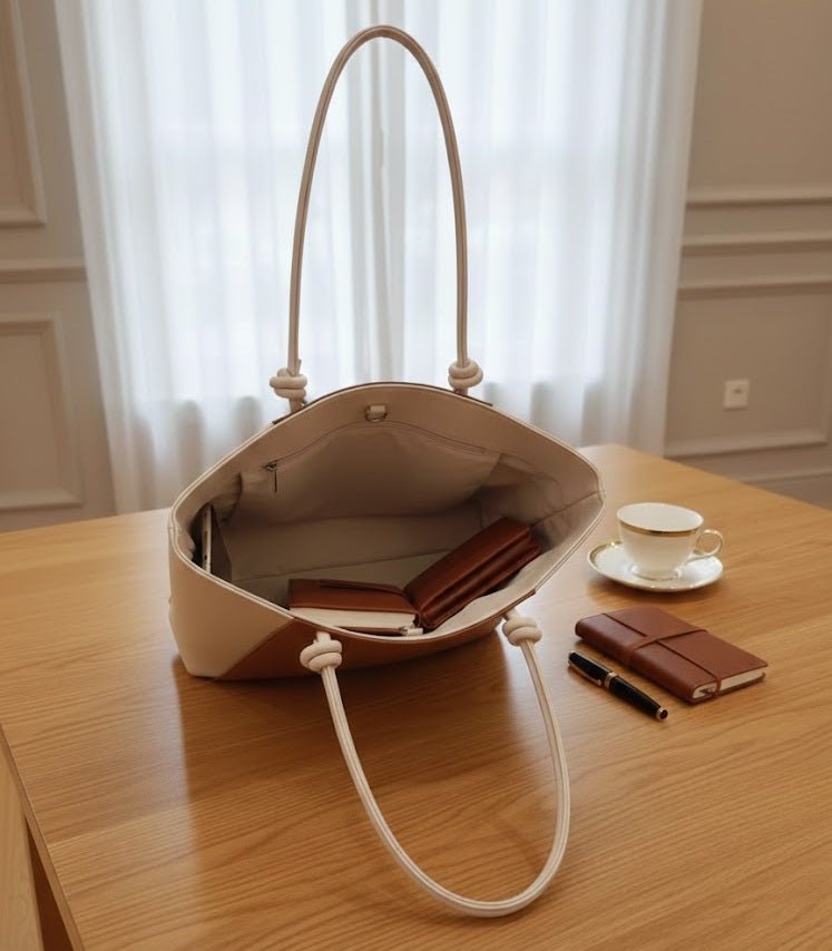 Two-Tone Elegant Tote Handbag – in use